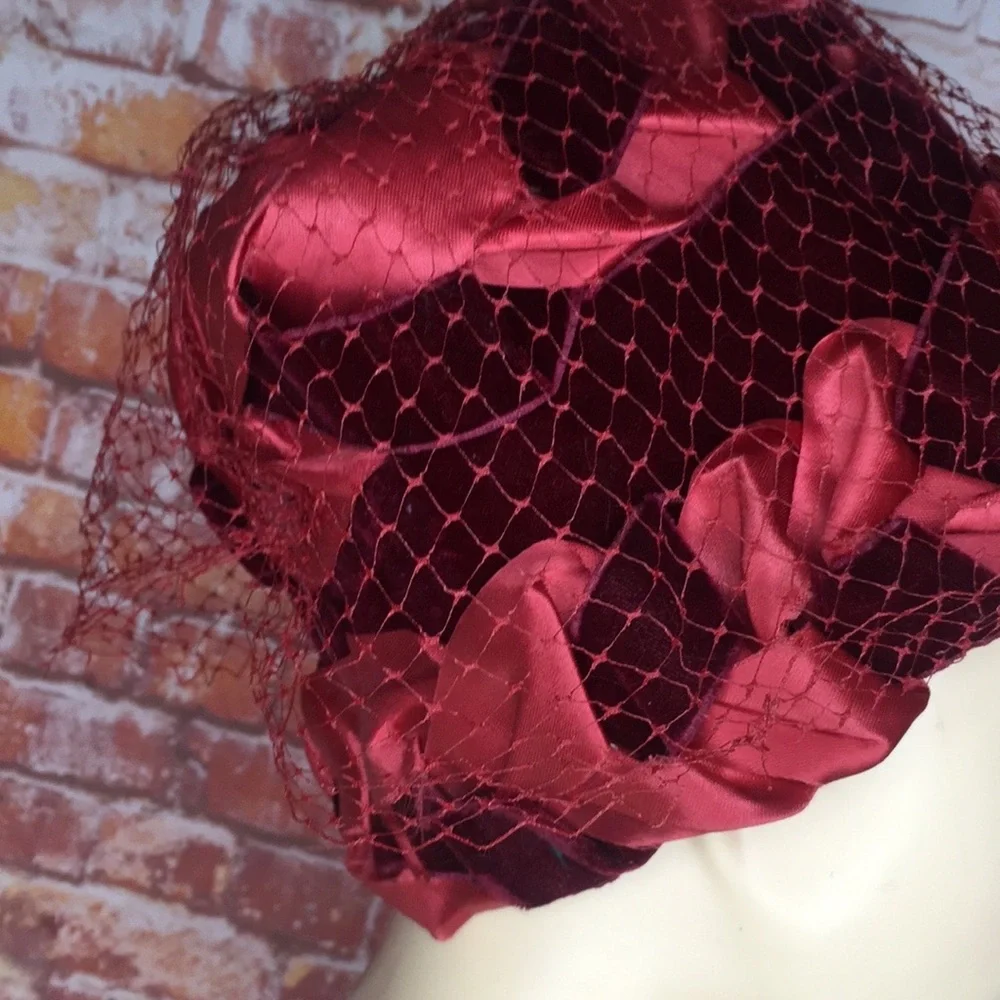 Vintage MCM Burgundy Red Satin and Velvet Veiled Bucket Hat